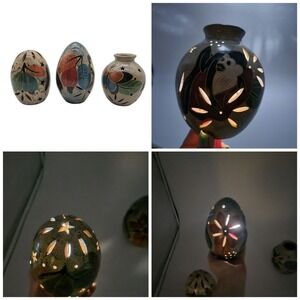 Set of 3 Handcrafted Folk Art Costa Rican‎ Etched Pottery Egg Dome Luminaires